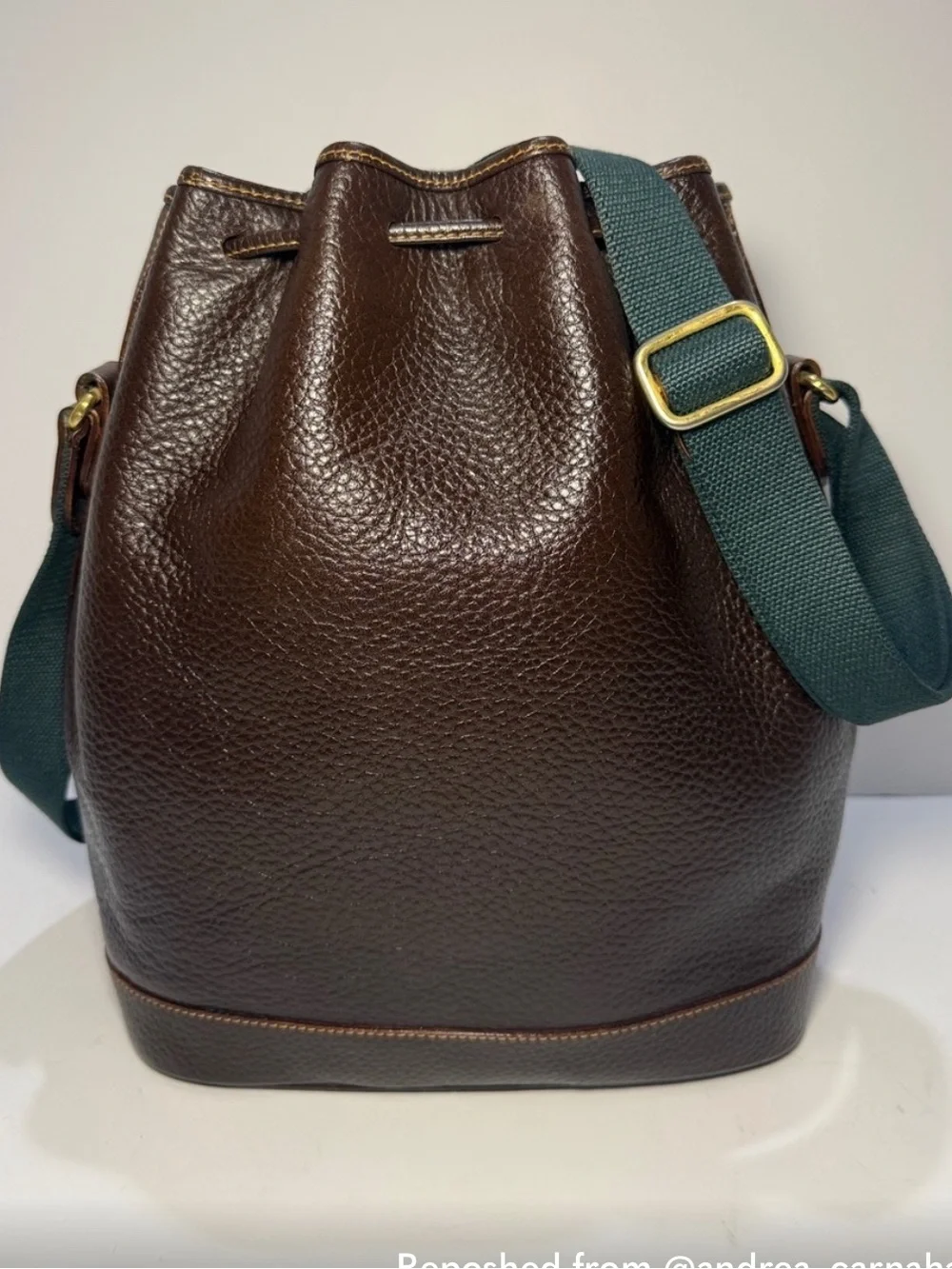 Vintage Bally Pebbled Leather Bucket Bag Drawstring & Hunter Green Canvas Strap